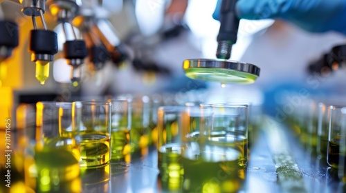 A laboratory setting with scientists analyzing samples of extracted algae oil under magnifying glasses and testing its efficiency as a biofuel source in smallscale engines. .