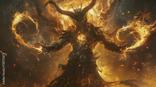 A fearsome entity wielding varied elemental powers, encircled by flames, emerges from the pitch-black abyss.