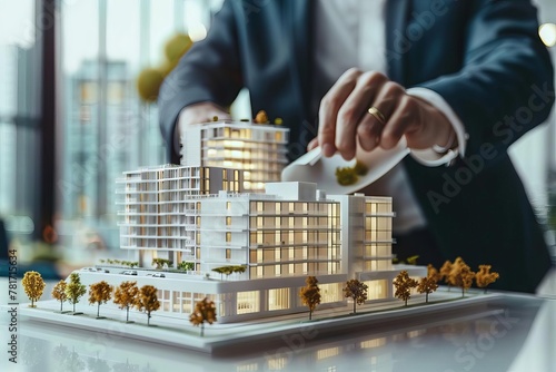businessman presenting a scale model of a new office complex real estate development concept