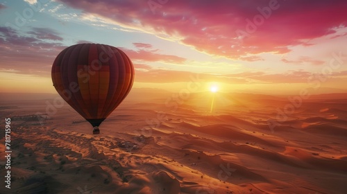 Desert and hot air balloon Landscape at Sunrise. Travel, inspiration, success, dream, flight concept