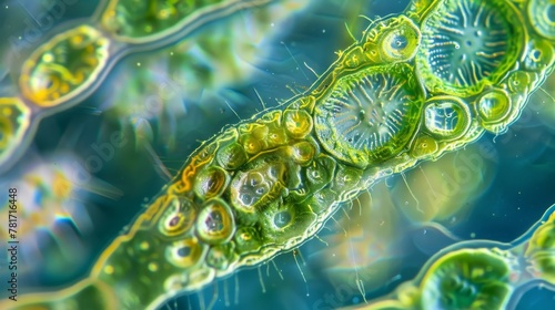 A microscopic view of a protist known as Euglena containing chloroplasts that make it capable of photosynthesis capturing energy from