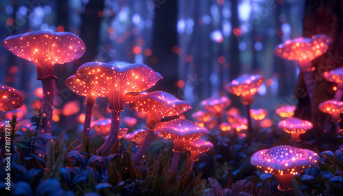 In a magical forest, a cluster of glowing, luminescent mushrooms illuminates the underbrush beneath a veil of twilight