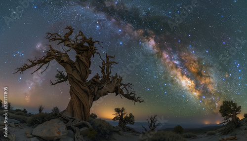 Under a star-filled night sky, an ancient, gnarled tree stands sentinel before the vibrant Milky Way, its branches reaching out to the cosmos