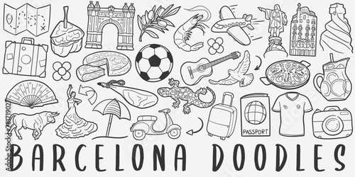 Barcelona Spain doodle icon set. Travel Vector illustration collection. Banner Hand drawn Line art style.