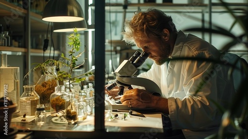 In a quiet laboratory a lone botanist sits surrounded by vials tubes and slides studying the hidden world of a tiny plant specimen using the microscope to unlock its secrets. .