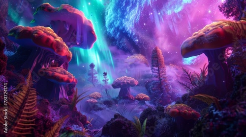 A fantasy world made real with a colorful backdrop and the presence of ethereal aurora lights adding an extra touch of wonder.