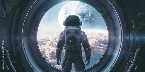 Astronaut in Space Suit Standing Against Galactic Background
