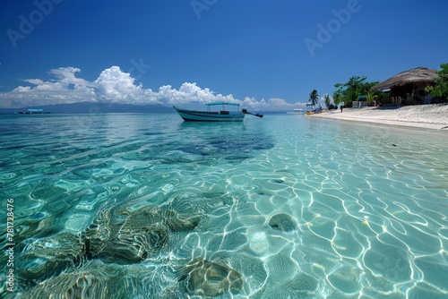 Crystal waters ripple gently around anchored vessel, white sands embrace tropical hut under azure skies. Emerald sea caresses tranquil beachfront, solitary boat floats, serene coast under open,