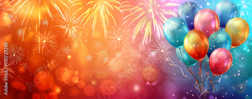 Background of holiday balloons and confetti Fireworks of Celebration holiday celebrations with resembling, capturing the spirit of revelry Gold and pink Fireworks and bokeh in New Year.