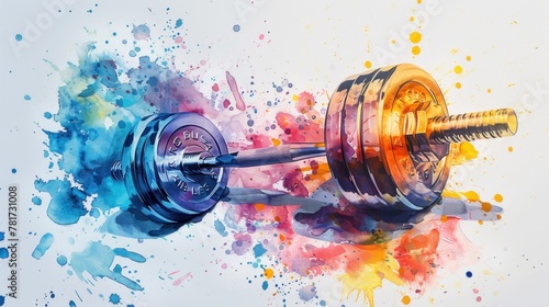 An energizing watercolor painting of a 3D dumbbell its metallic sheen set against vibrant
