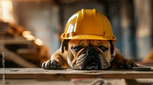 工事現場でヘルメットを被る犬