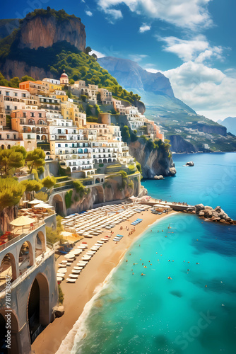 A photorealistic image of the Amalfi Coast, with its picturesque beach and colorful buildings nestled along cliffs overlooking the blue sea