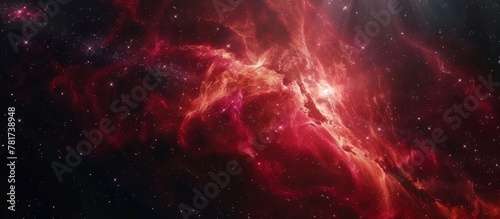 Red nebula filled with stars and illuminated by a brilliant light passing through, creating a surreal cosmic scene
