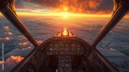 Fighter pilot cockpit view during sunrise.