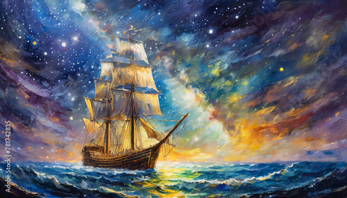Night sky with the milky way galaxy and a tall sailing ship with the wind in her sails, oil