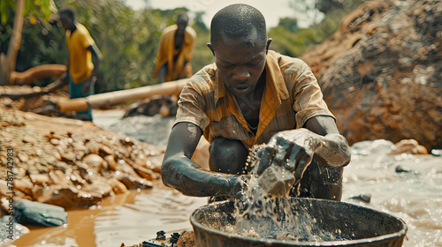 A thin African diamond miner is in the background. Traditional African workers washing diamonds.