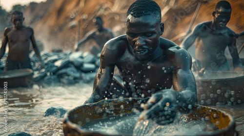 A thin African diamond miner is in the background. Traditional African workers washing diamonds.
