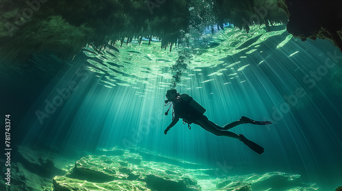 Scuba diver exploring a clear underwater cavern.