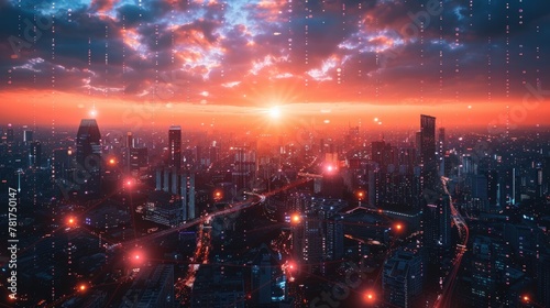 A futuristic city skyline with data streams and digital connections