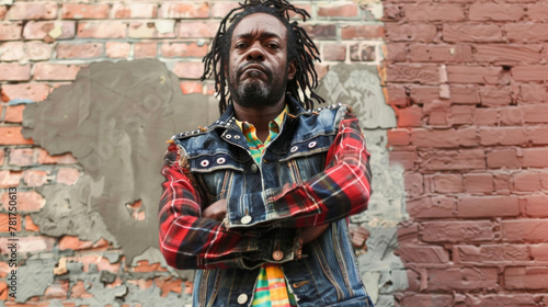 A black man stands tall and confident against a brick wall backdrop his shredded denim vest revealing a colorful plaid shirt underneath. His dreadlocks are styled in a messy unkempt .