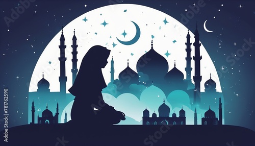 Eid ul Fitr or ul Adha Celebration: Minimalist Doodle of Mosque Silhouette and Female Muslim Prayer