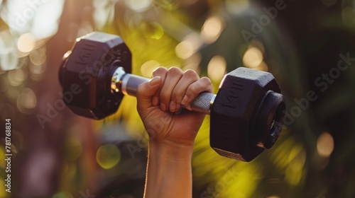 Highlighting a female's commitment, hand firmly holding a dumbbell in soft light