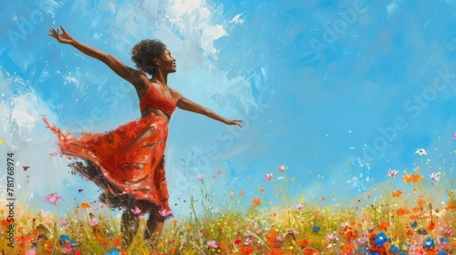A joyful African-American woman dancing freely in a field of wildflowers, her stretch marks visible and celebrated, under a clear blue sky. A vibrant expression of freedom