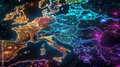 A map of Europe is displayed with colorful lights highlighting different regions on the map.