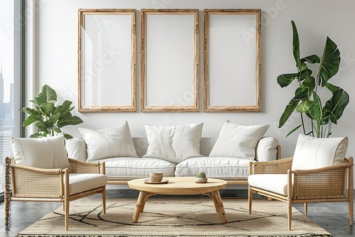 3 wood frame photo mockup of a room with Scandinavia furniture ing