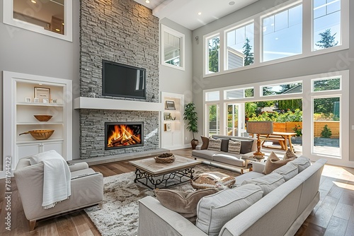 Beautiful living room in new modern luxury home. Features vaulted ceilings, fireplace with roaring fire, clerestory windows, and hardwood floors
