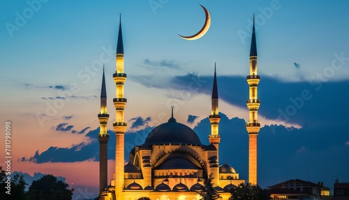 A mosque with a crescent and spires at dusk, ramadan.