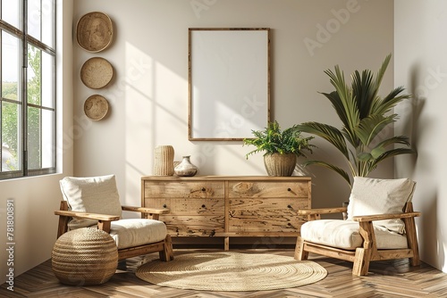 Beige and wooden living room with armchairs, dresser and poster