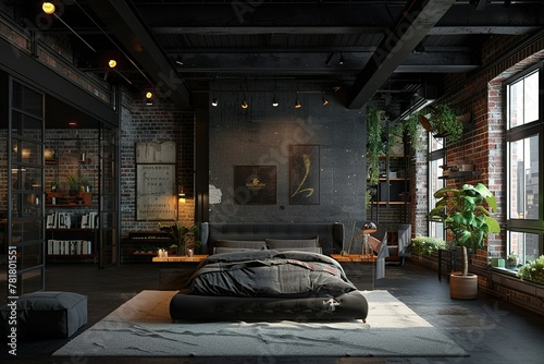Black bedroom in loft style