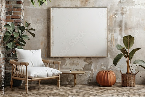 Canvas mockup in minimalist interior background with armchair and rustic decor.Front view. ing