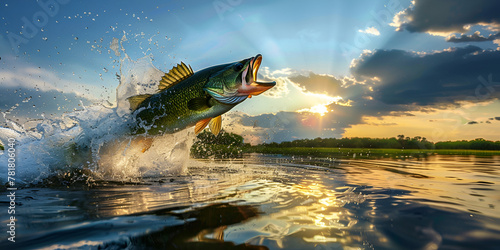 Black bass that jumps and swims on a lake waving in the wind in background of sunset light with sky and sunlight. Lifestyle concept for fishing 