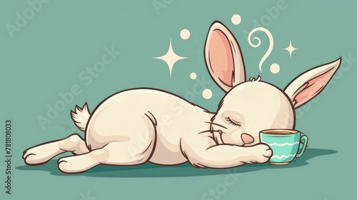  A cartoon bunny dozing off next to a steaming cup of coffee, thoughts bubbling up in its head