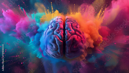Concept with a brain exploding in colorful holi powder