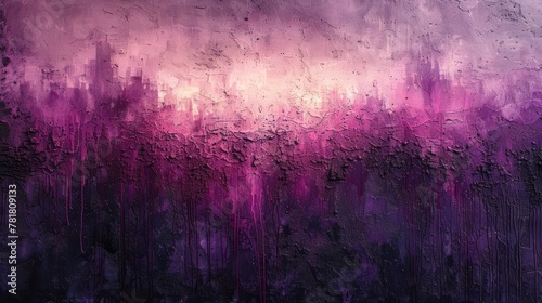  A purple and pink abstract painting against a black and purple backdrop, featuring dark, radiating streaks of light originating from the artwork's upper region