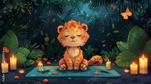  A feline on a forest rug, surrounded by candles, faces a distant butterfly