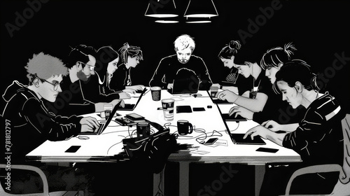  A black-and-white image of a gathered group at a table, each holding a cell phone before them