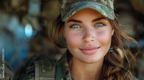 Happy female soldier smiling at the camera while standing against a studio background. Courageous young servicewoman wearing the camouflage military uniform of the United States Armed Forces.