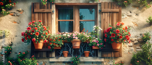 Rustic Charm of a Flower-Adorned Window, a Glimpse into Traditional Living with a Touch of Botanical Beauty