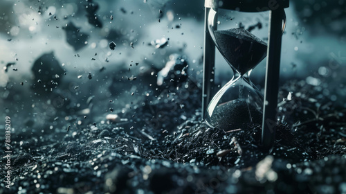 Abstract concept of time running out, with an hourglass filled with dark, polluted sand marking the urgency of action,