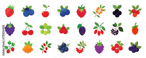 Berries flat icons vector cartoon illustration.. Cute strawberry, blueberry, cherry, raspberry, sea buckthorn clipart for food.