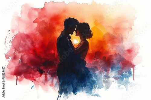 Happy couple getting married, watercolor painting. Romantic wedding illustration