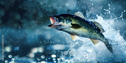 black bass fish jumping out of river water beautiful natural landscape,