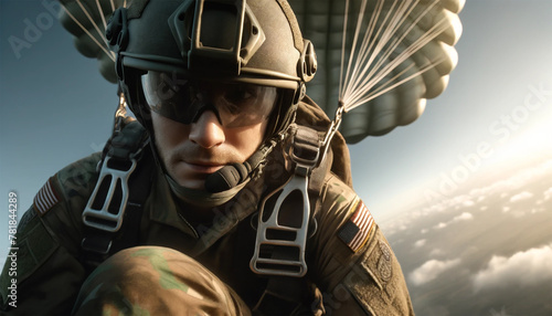 Military parachutist smoothly descending with a fully open parachute. The parachutist's facial expression is concentrated. serenity, and their eyes are covered with tactical glasses, reflecting the va
