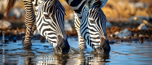 Captivating Zebras Quenching Thirst at Savannah Watering Hole Stripes Reflected in Peaceful Waters