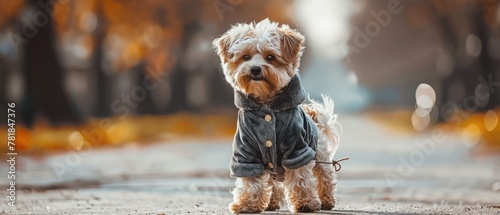Little dog in clothes for a walk.
