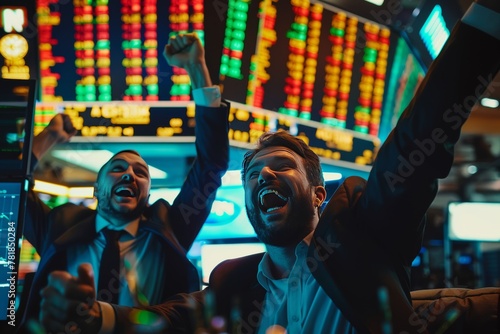 Traders are excited about investing in new stocks. On the background of neon lights 